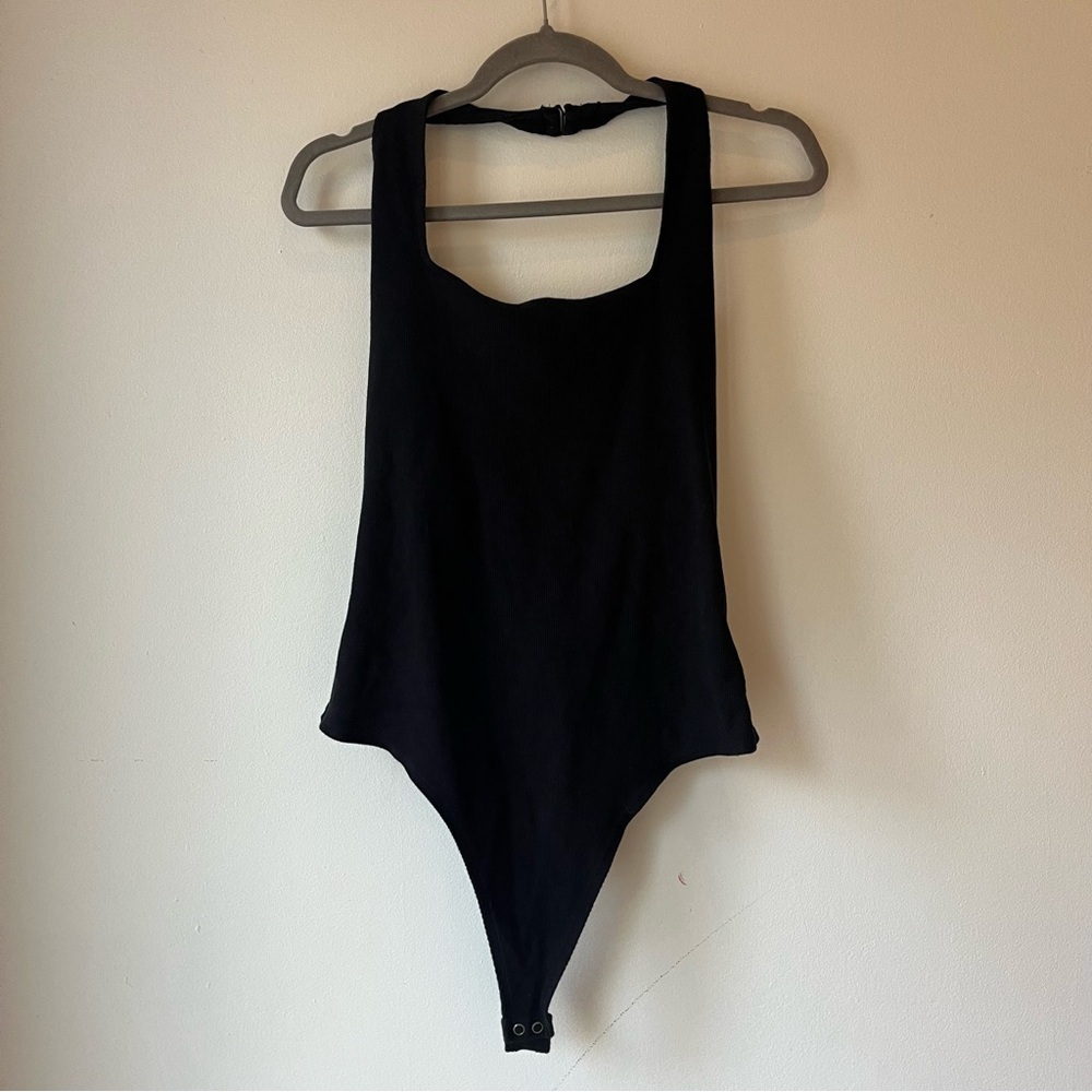 American Eagle Black Ribbed Halter Bodysuit XL Adjustable Back Snap Closure